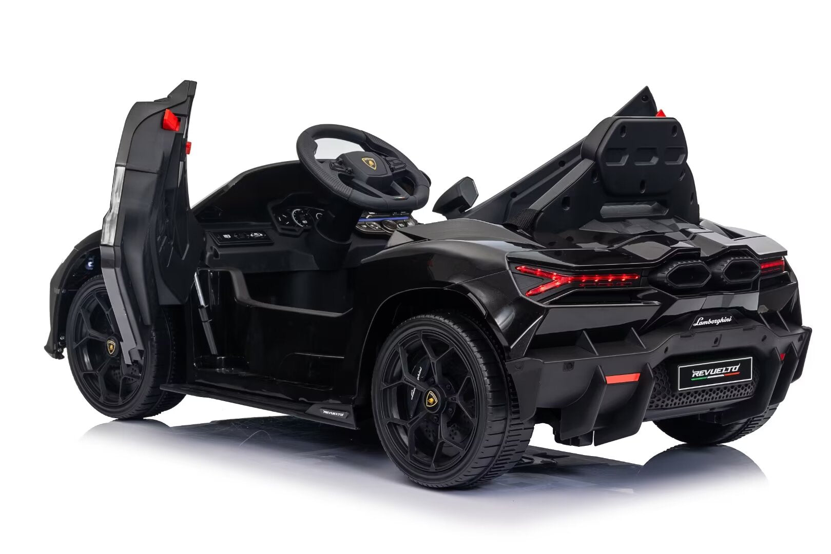Black Lamborghini Revuelto 12V licensed electric ride-on car for kids with open doors and detailed dashboard.