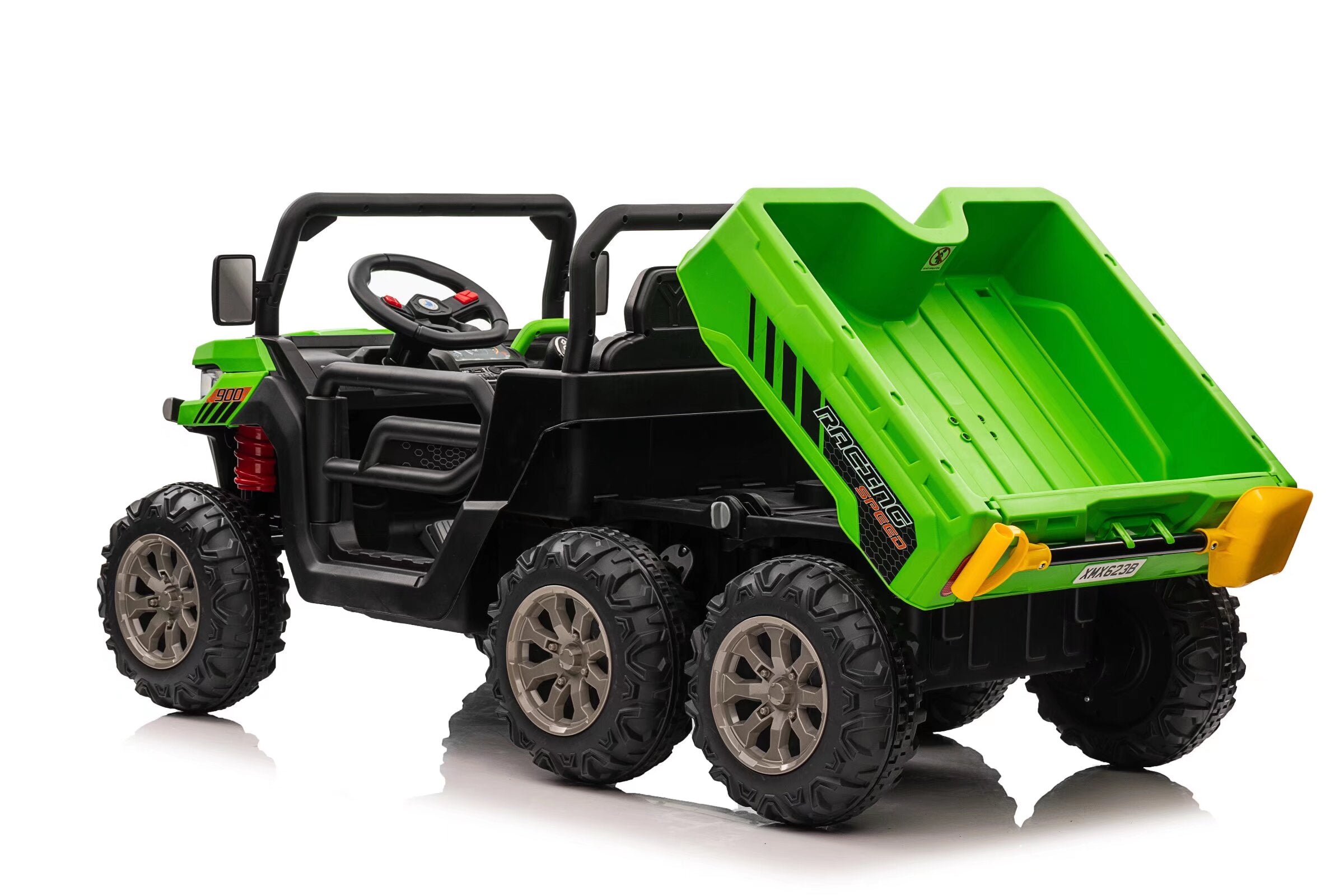 Green 24V electric kids ride-on dump truck with 6-wheel drive, dual seats, and working tipper tray.