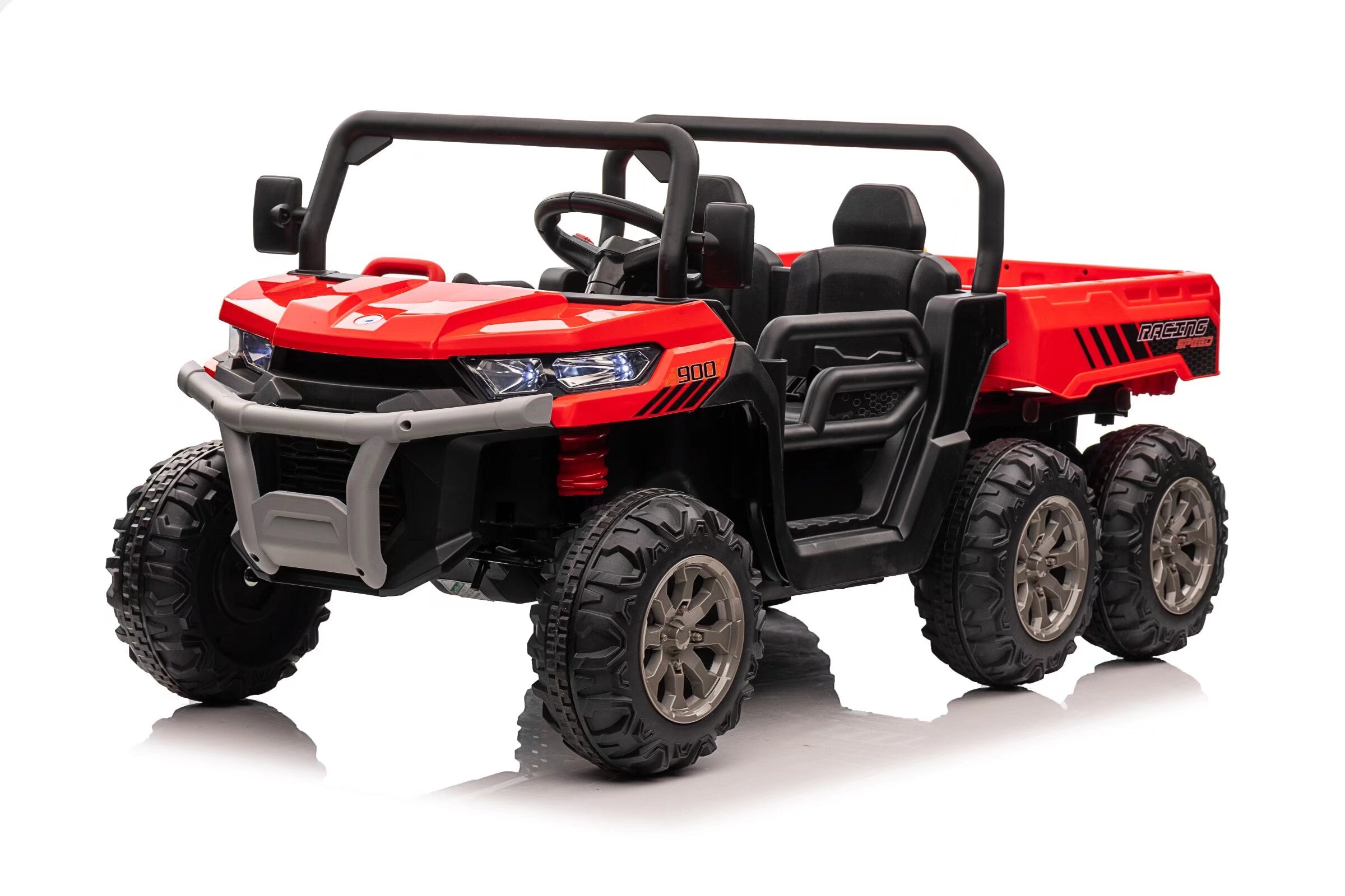 Red 24V electric ride-on dump truck for kids with 6-wheel drive, dual seats, and a power tipping tray.