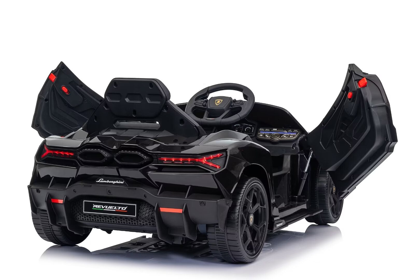 Black Lamborghini Revuelto 12V licensed electric ride-on car for kids with opening scissor doors and LED lights