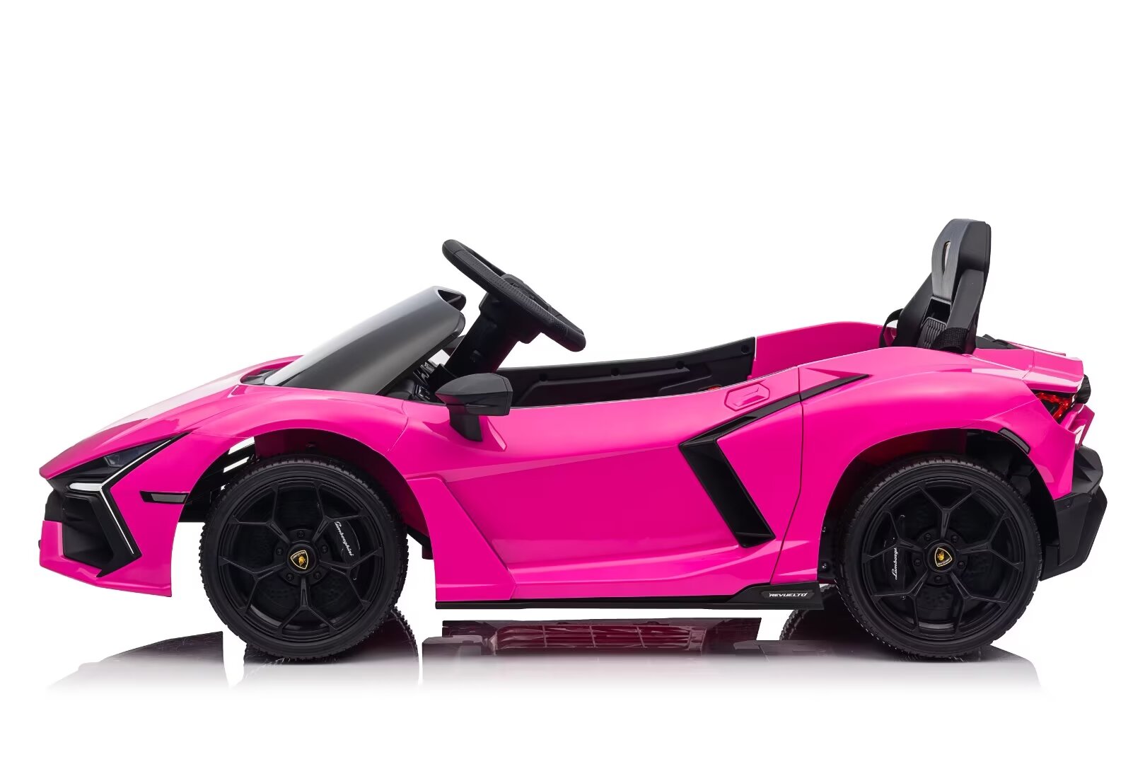 Pink Lamborghini Revuelto 12V licensed electric ride-on car for kids with black wheels and sporty design