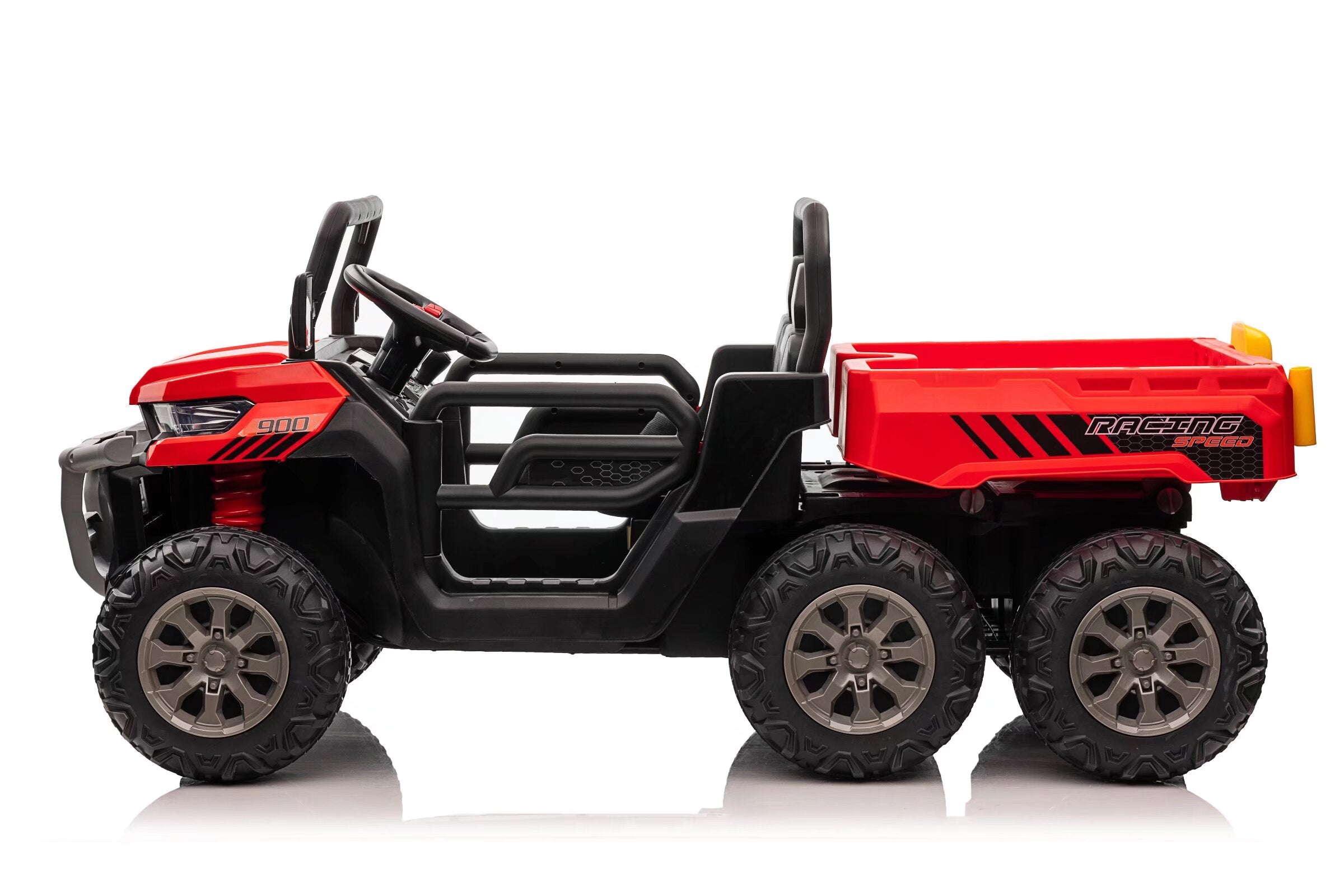 24V red electric ride-on dump truck for kids with six wheels, dual seats, and a power tipping tray.