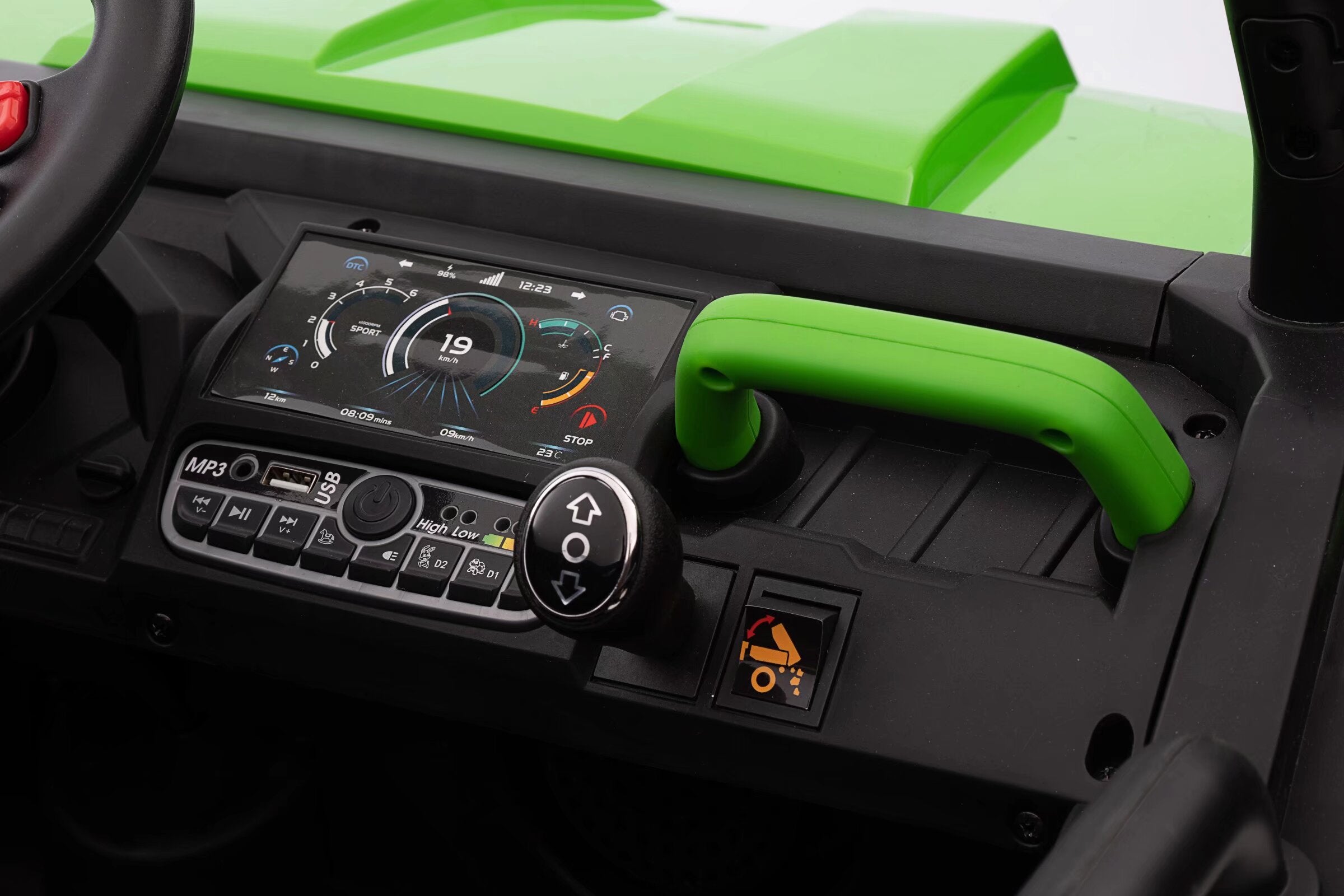 Dashboard and control panel of green 24V electric ride-on dump truck for kids with tipper switch and handles