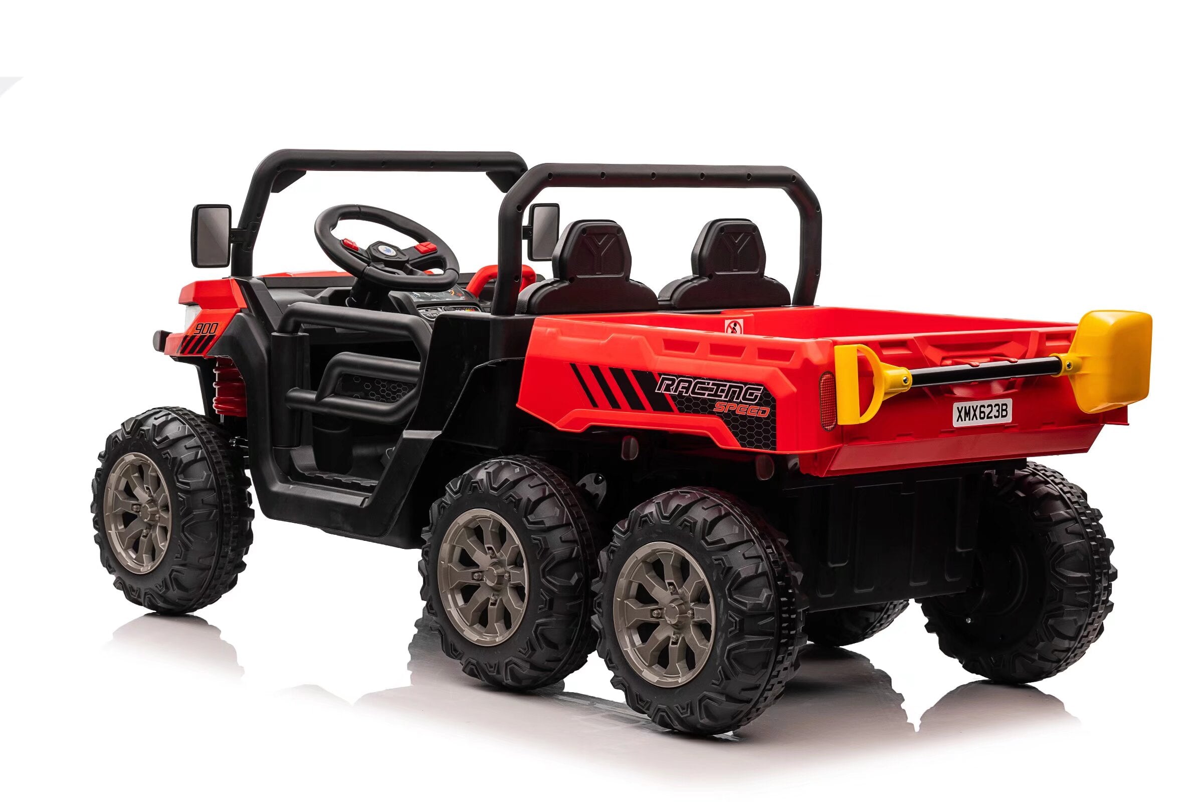 Red 24V electric ride-on dump truck for kids with dual seats, six wheels, and a working tipper tray.