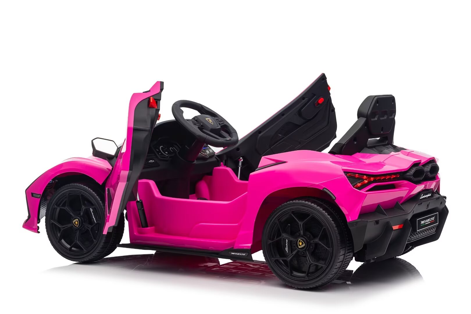 Pink Lamborghini Revuelto 12V electric ride-on car for kids with opening doors and detailed dashboard features.
