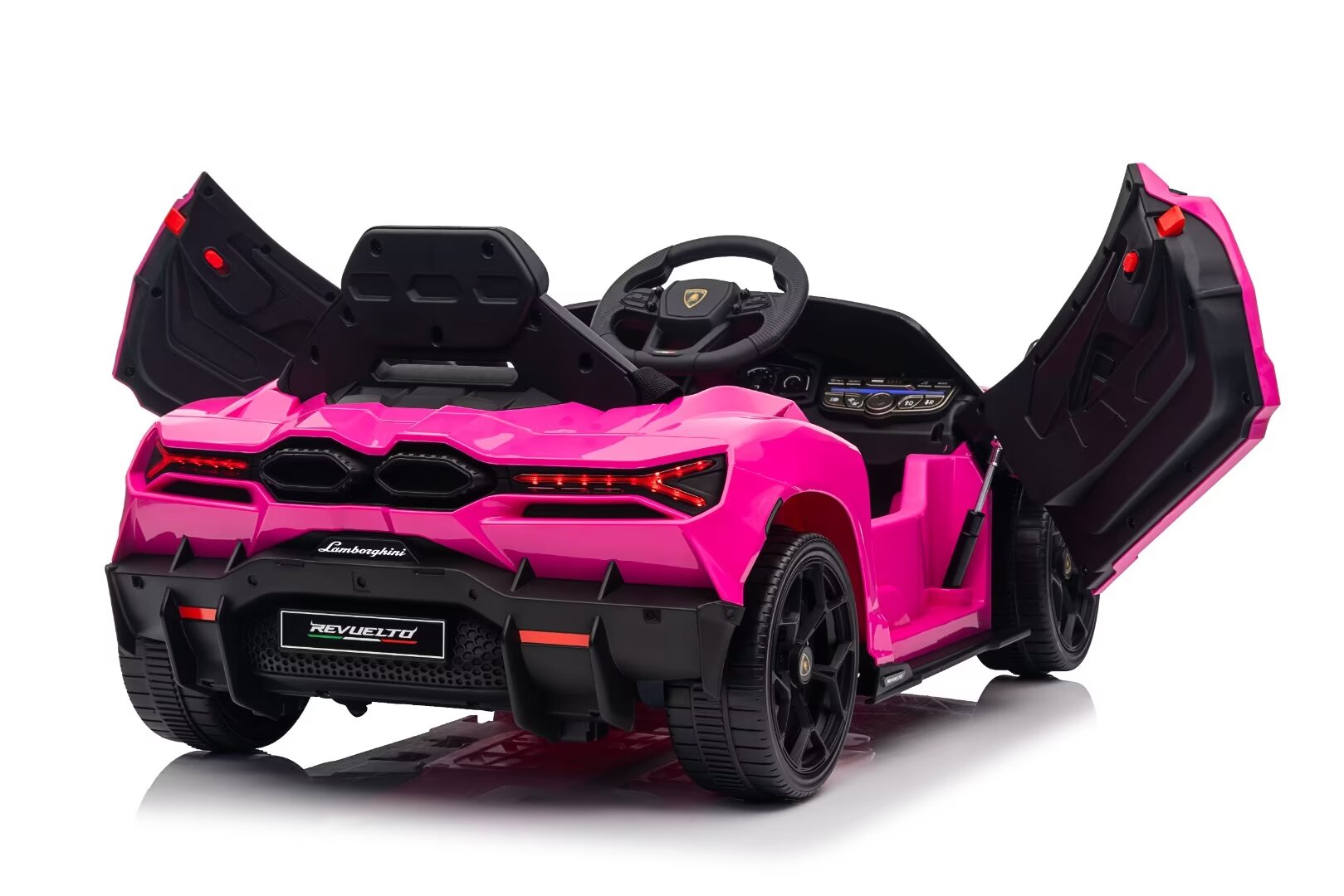 Pink Lamborghini Revuelto 12V electric ride-on car for kids with opening scissor doors and realistic details