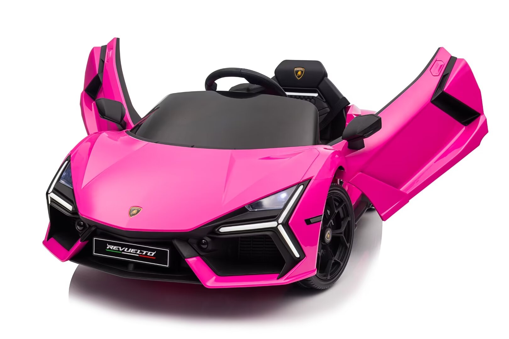 Pink Lamborghini Revuelto 12V electric ride-on car for kids with opening doors and realistic sports car design