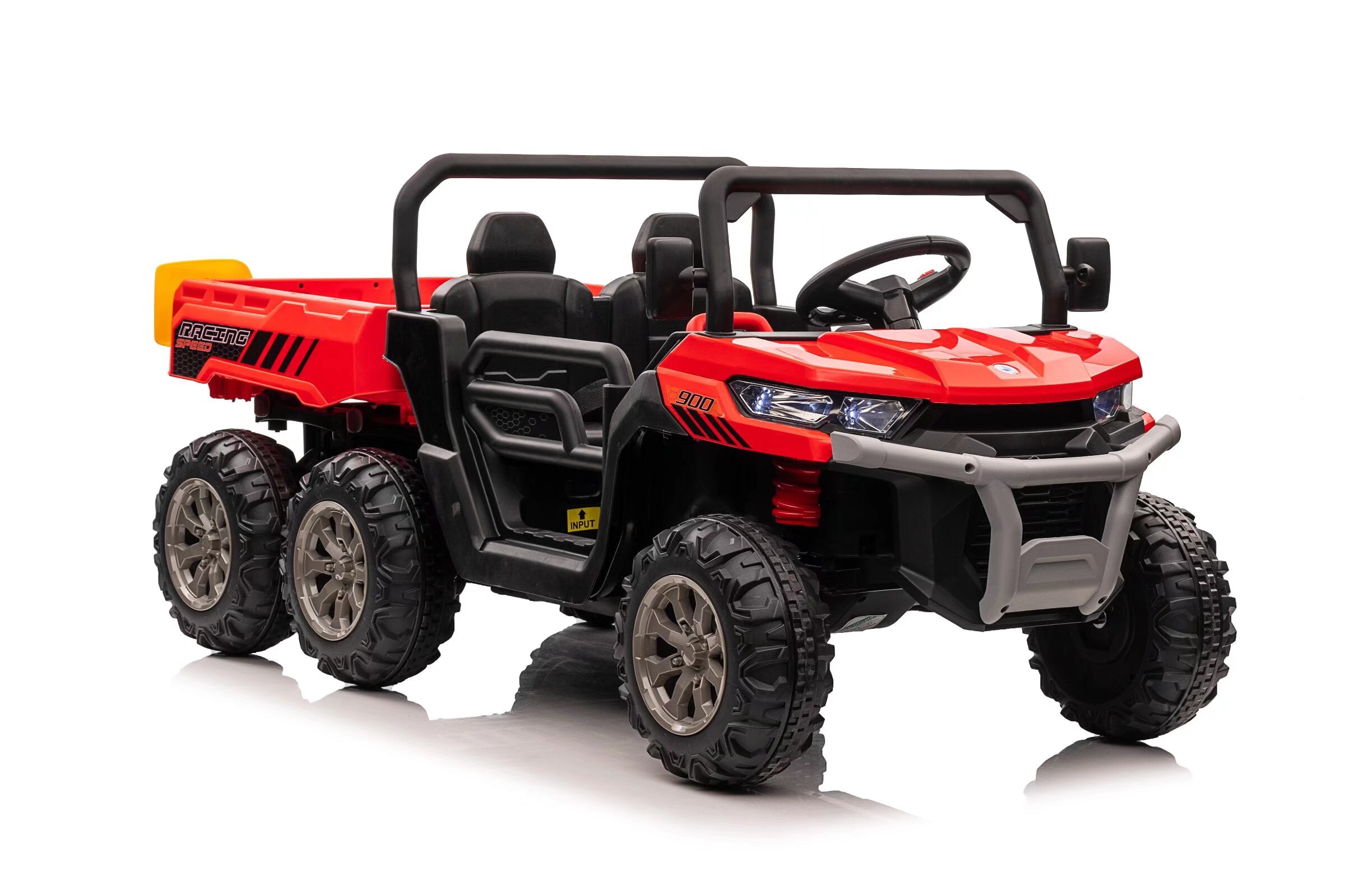 Red 24V electric ride-on dump truck for kids with 6-wheel drive, dual seats, and working tipper tray.