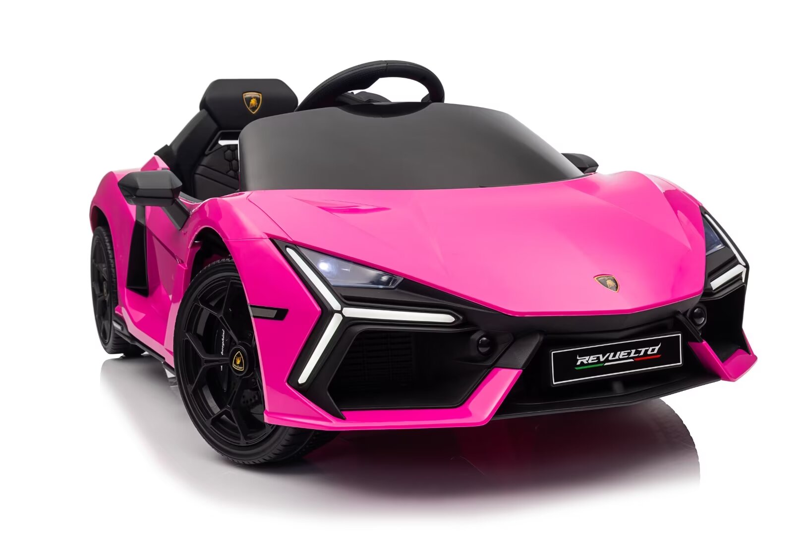 Pink Lamborghini Revuelto 12V electric ride-on car for kids with remote control and LED lights