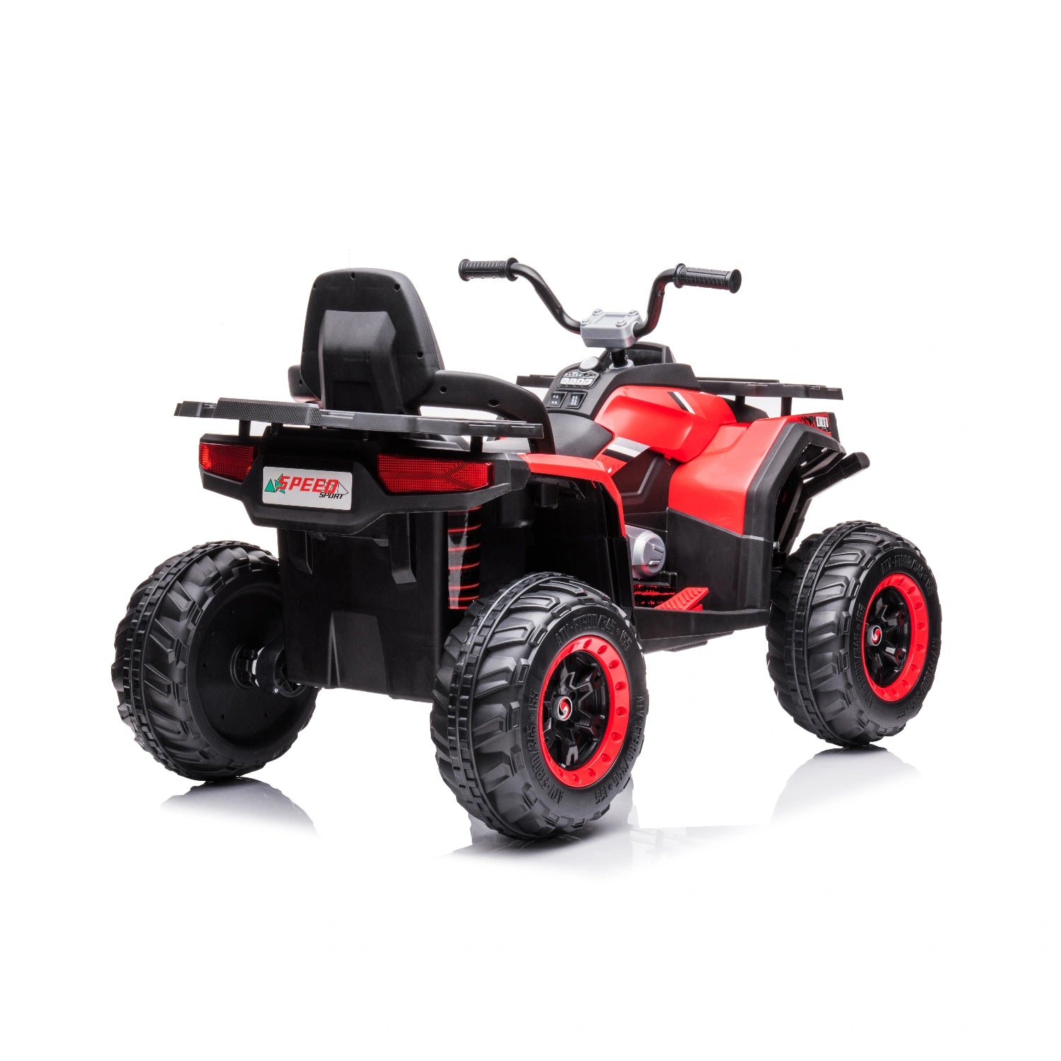 Red 12V kids quad bike ride-on ATV with 4WD, black seat, rugged tires, and rear cargo rack for children aged 3+