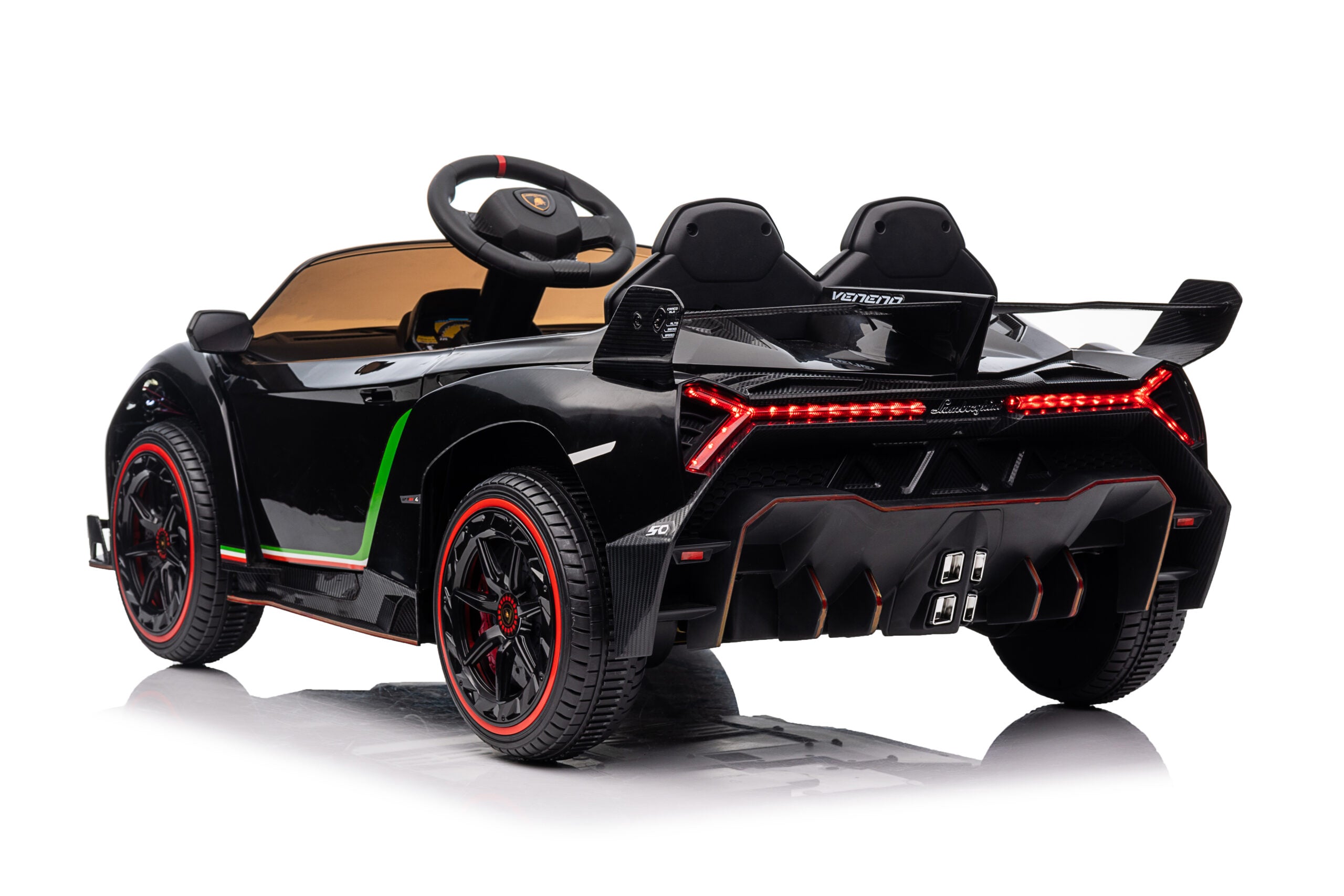Black licensed Lamborghini Veneno electric ride-on car for kids with realistic LED lights and sporty design.