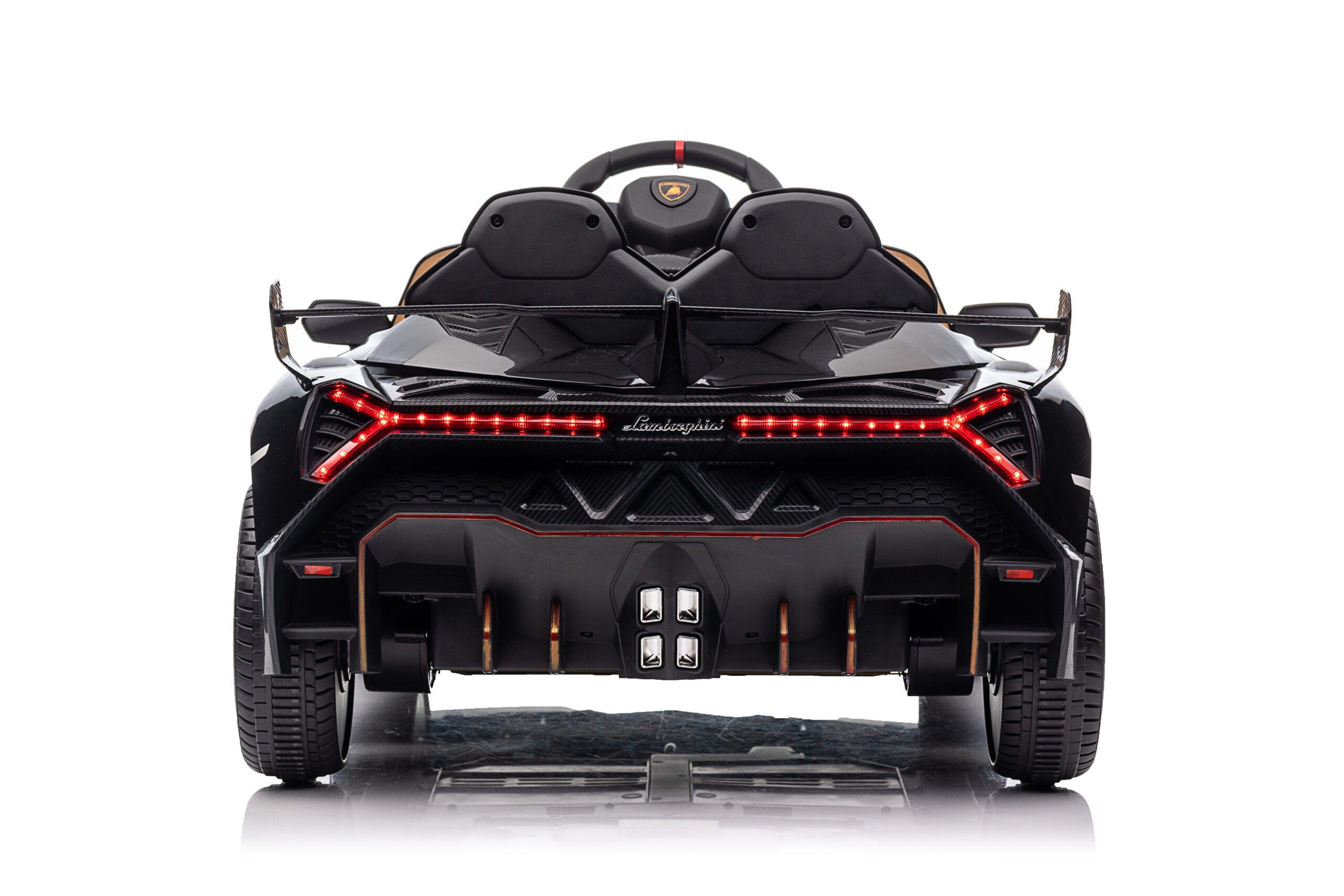 Rear view of a black licensed Lamborghini Veneno ride-on car for kids with LED lights and dual seats.