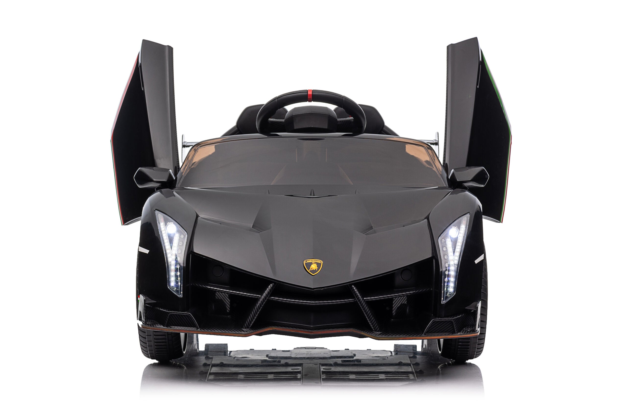 Front view of a black licensed Lamborghini Veneno ride-on car for kids with open hydraulic doors and LED headlights