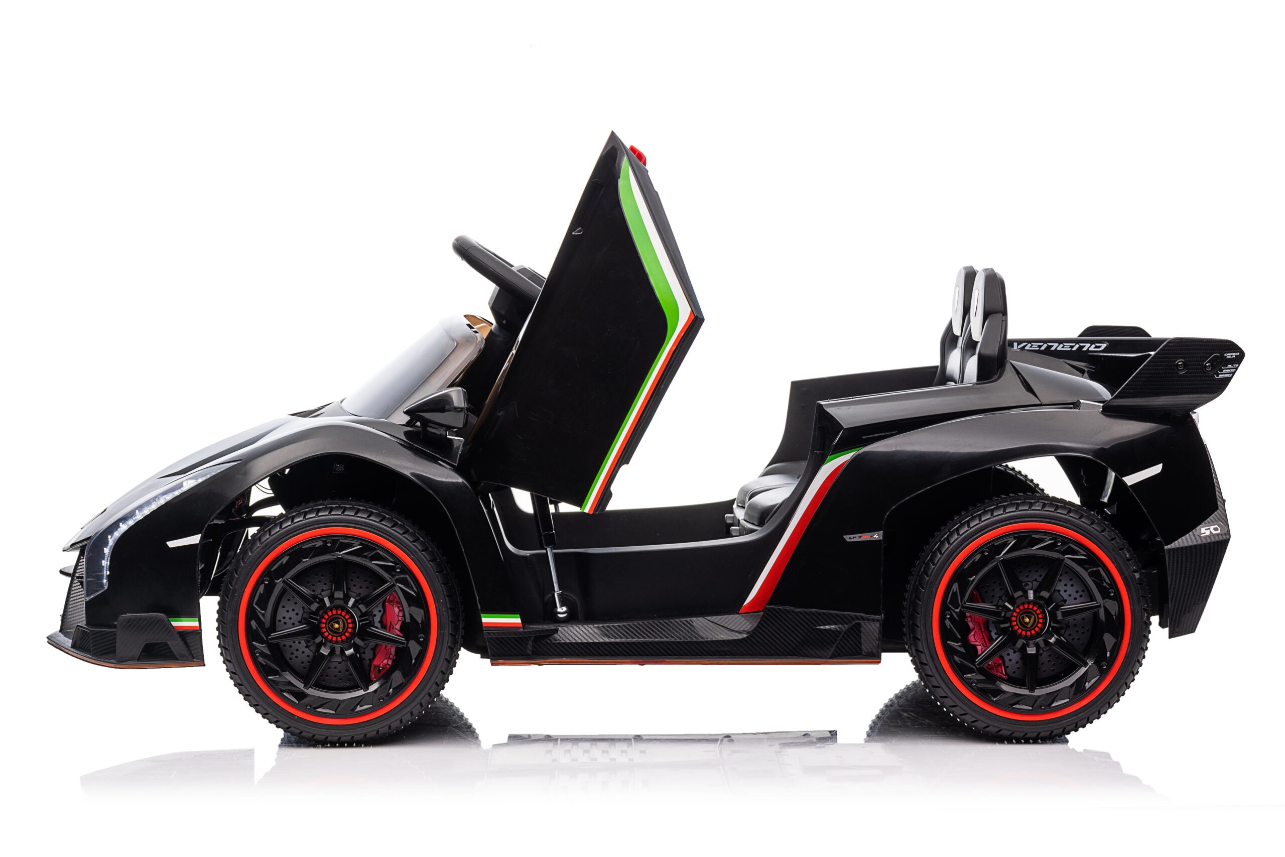 Black licensed Lamborghini Veneno kids ride-on car with hydraulically opening doors and red-trimmed wheels.