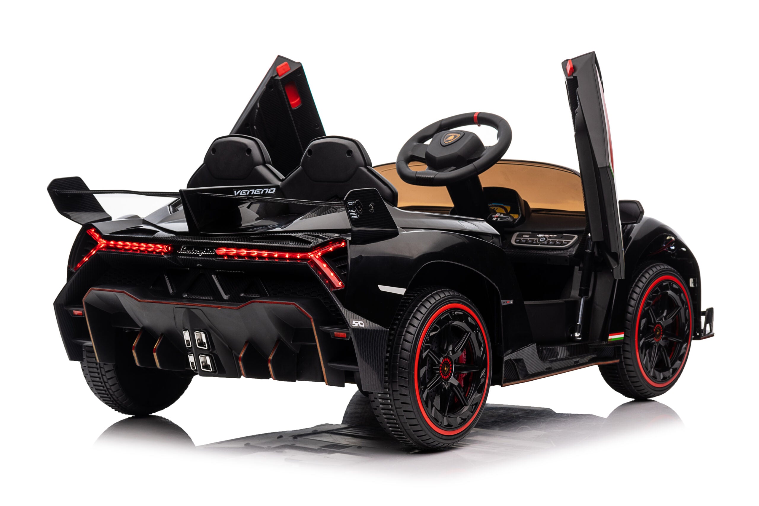 Black licensed Lamborghini Veneno kids ride-on car with open hydraulic doors and red LED lights.