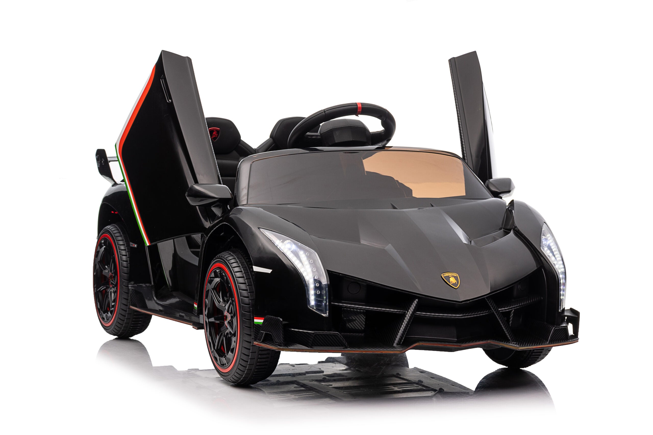 Black licensed Lamborghini Veneno kids ride-on car with open hydraulic doors and realistic LED headlights