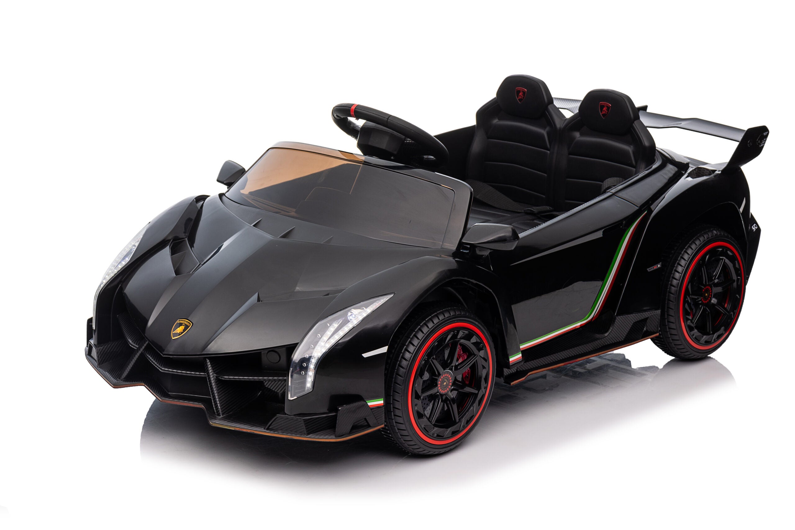 Black licensed Lamborghini Veneno ride-on car for kids with hydraulic doors and sporty red-accented wheels.