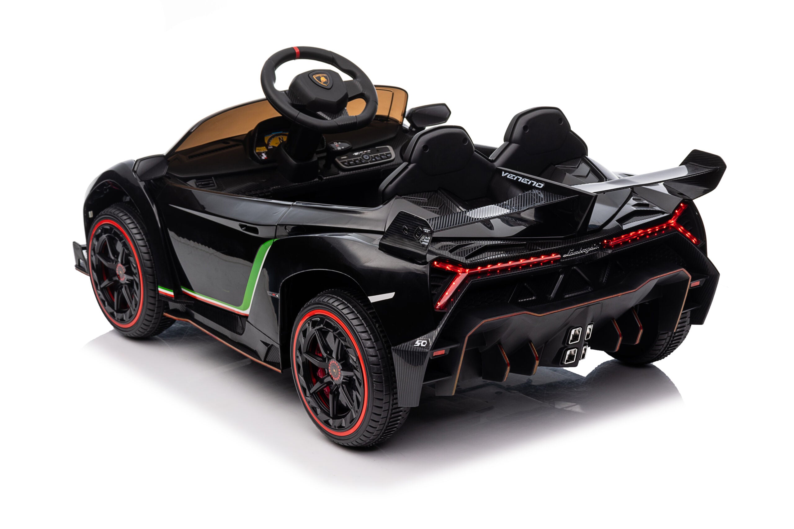 Black licensed Lamborghini Veneno ride-on car for kids with hydraulic doors, LED lights, and parental remote control.