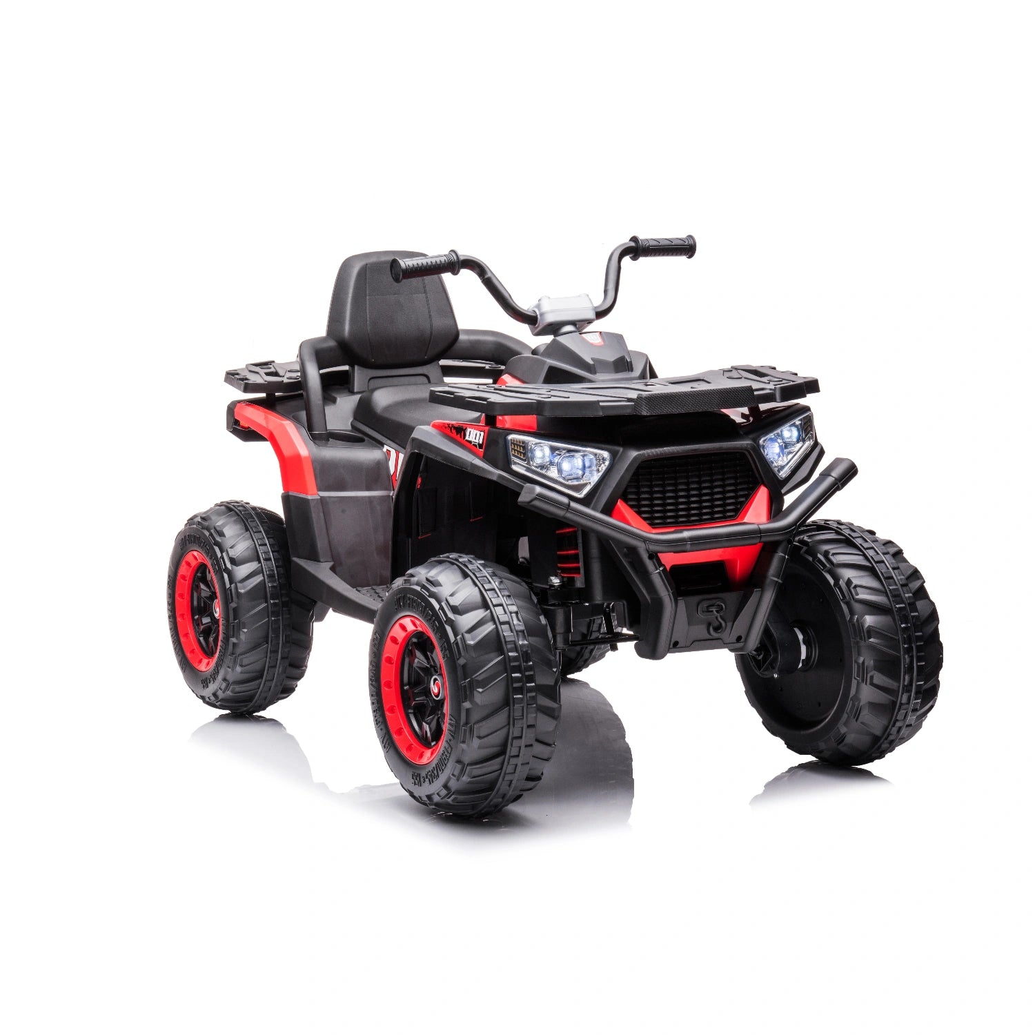 12V red kids quad bike with 4WD motors, large black and red wheels, and LED headlights, suitable for ages 3+
