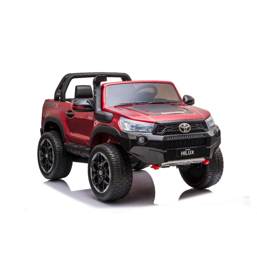 Red 24V 800W licensed Toyota Hilux rugged 4x4 kids ride-on ute with black wheels and two seats