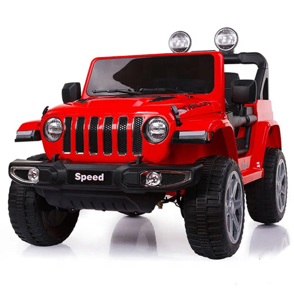 Red 12V 4WD Jeep Wrangler Rubicon kids ride-on car with realistic design, large wheels, and front lights for ages 3 to 7.
