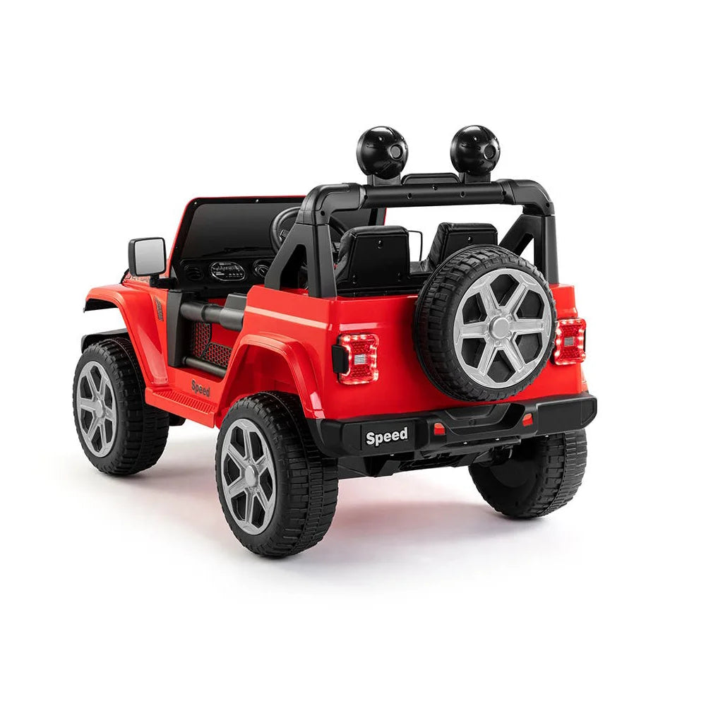 Red 12V 4WD Jeep Wrangler Rubicon kids ride-on car with remote control, realistic design, and rear storage compartment
