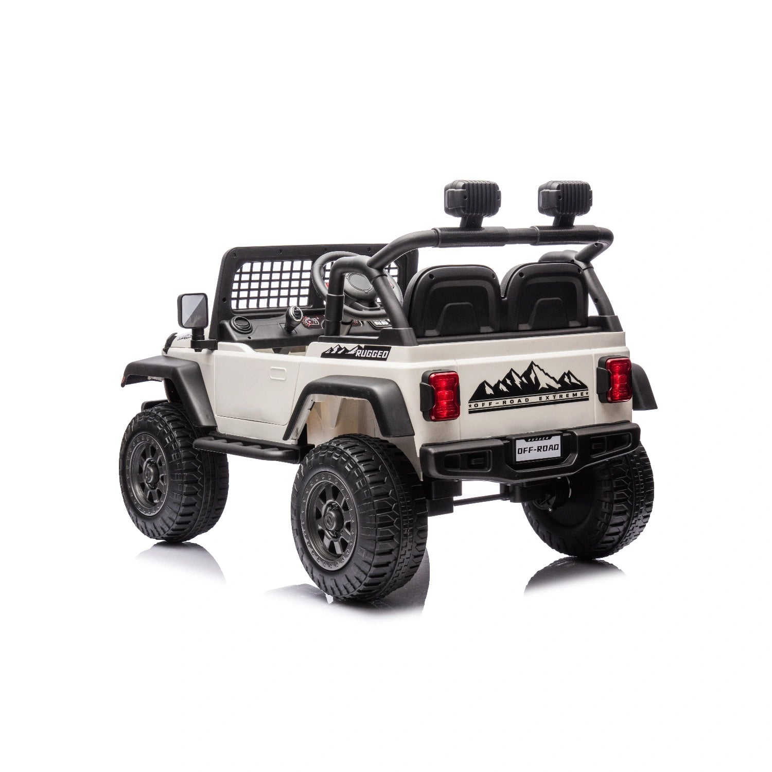 Rear view of white 12V ride-on jeep style kids electric car with dual seats, off-road tires, and roof lights