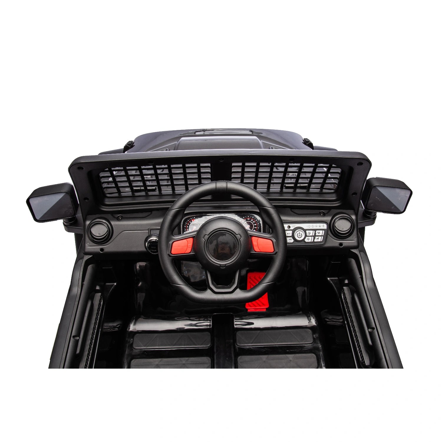 Interior view of black 12V Jeep-style ride-on toy car showing steering wheel, dashboard, and side mirrors