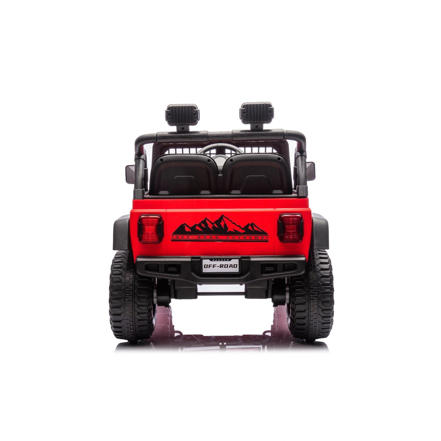 Rear view of red 12V off-road electric ride-on Jeep with black seats, mountain decal, and rugged tires for kids