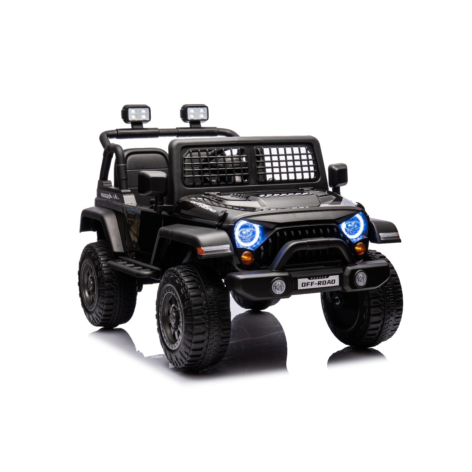 Black 12V Jeep-style ride-on toy car for kids with LED lights, off-road tires, and remote control features