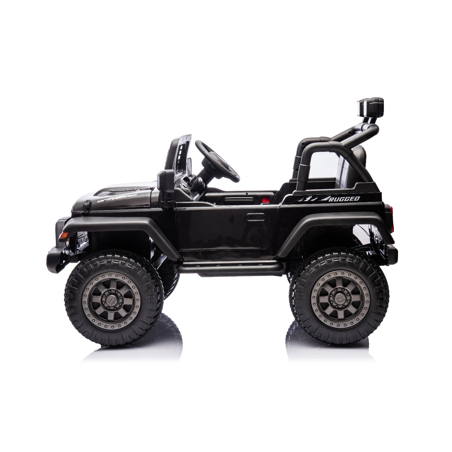 Side view of black 12V Jeep-style ride-on toy car for kids with rugged off-road tires and open cabin design