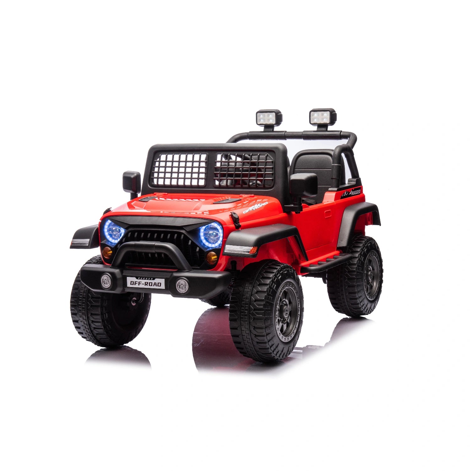 Red 12V off-road electric ride-on jeep for kids with LED lights, rugged tires, and black interior seats