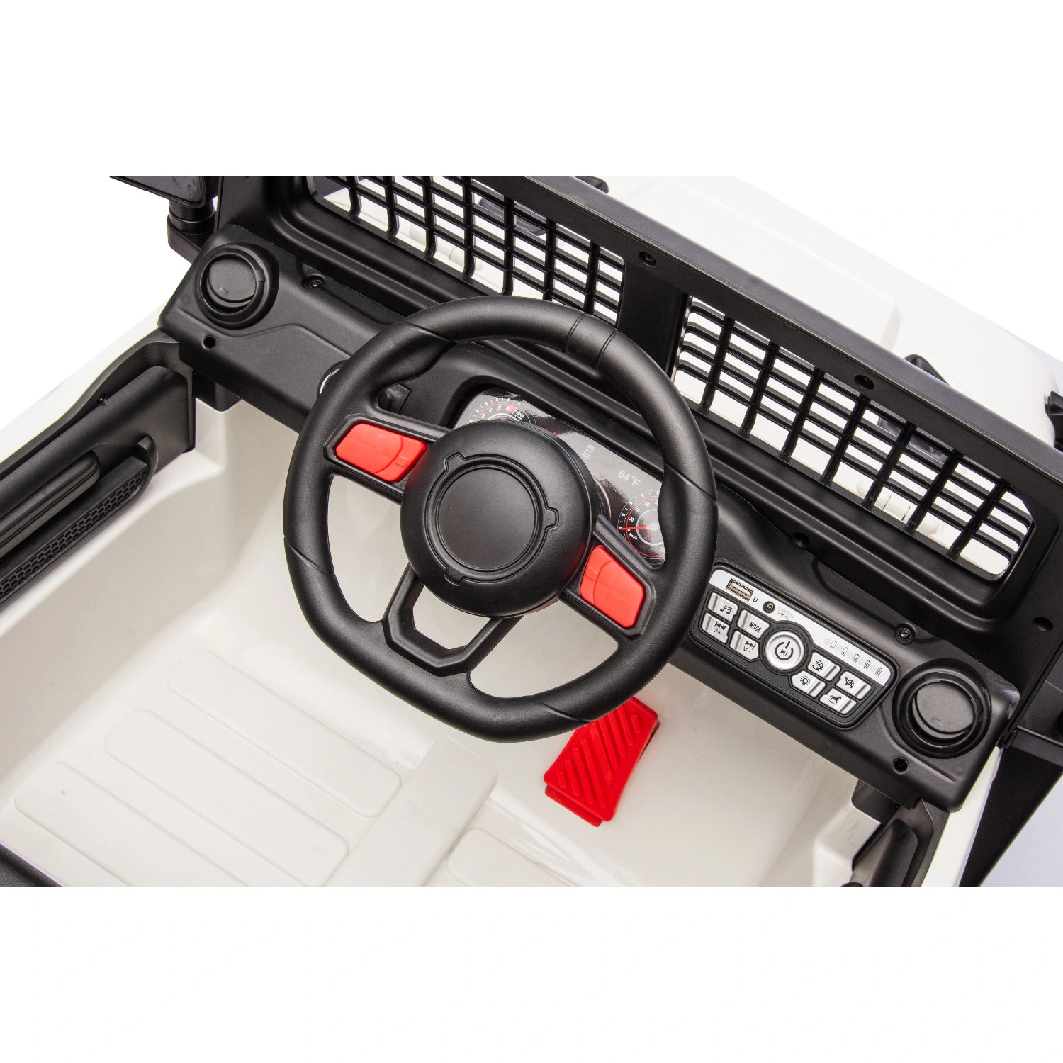 Close-up of black steering wheel and dashboard with control buttons inside white 12V ride-on Jeep style kids car