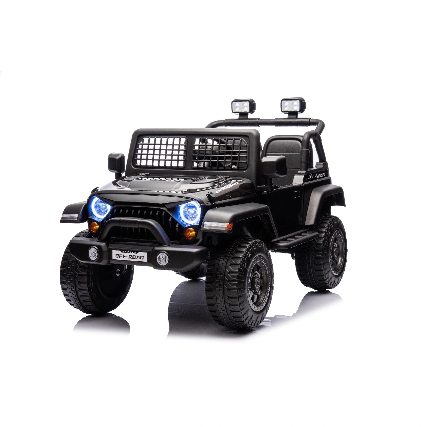 Black 12V Jeep-style ride-on toy car for kids with blue LED headlights, off-road tires, and roof spotlights
