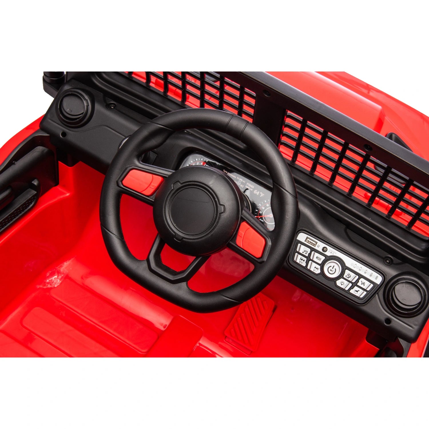 Close-up of black steering wheel and dashboard controls on red 12V off-road electric Jeep ride-on car for kids