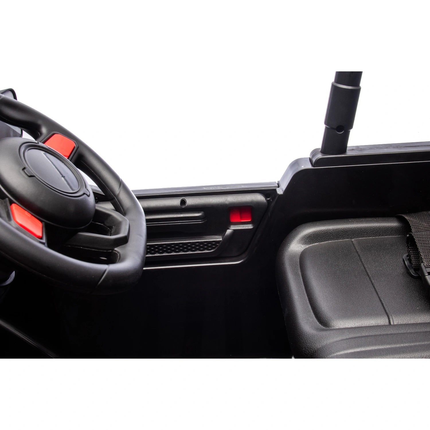 Close-up of black steering wheel with red buttons and black seat interior of 12V Jeep style ride-on toy car for kids