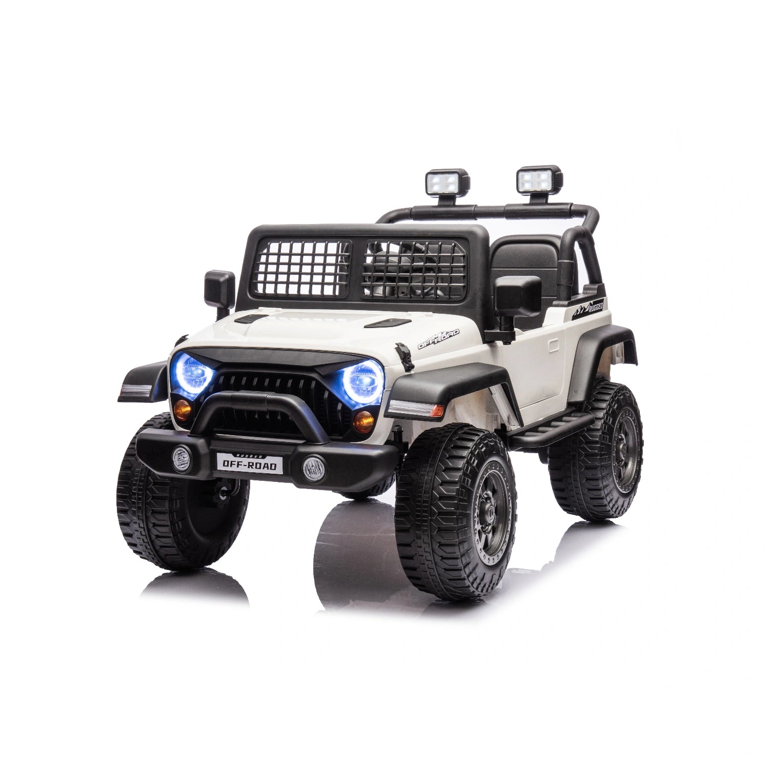 White 12V kids ride-on Jeep-style electric car with remote control, LED headlights, and rugged off-road tires