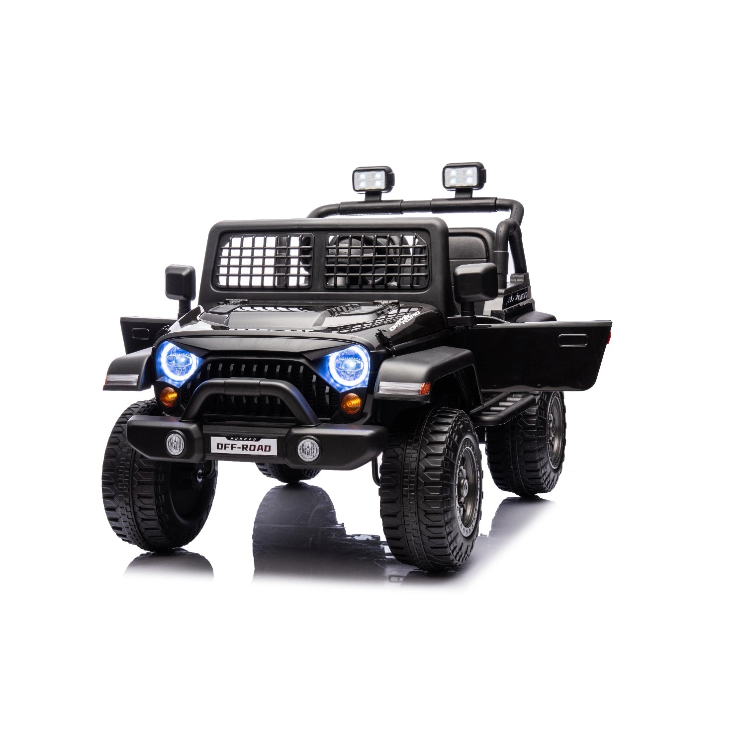 Black 12V Jeep style ride-on toy car for kids with remote control, LED lights, off-road tires, and open door design
