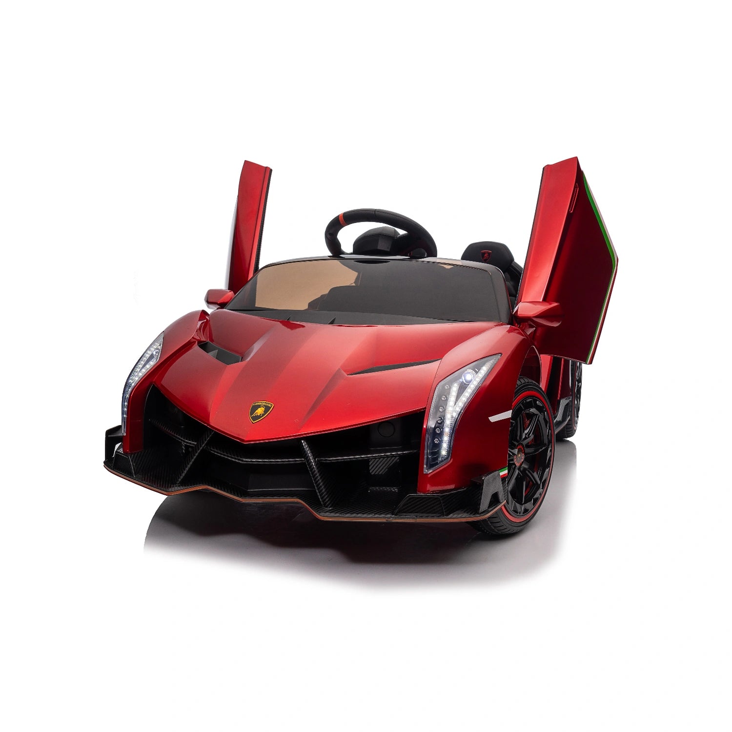 Red licensed Lamborghini Veneno kids ride-on car with scissor doors, 12V electric motor, and realistic sports car design
