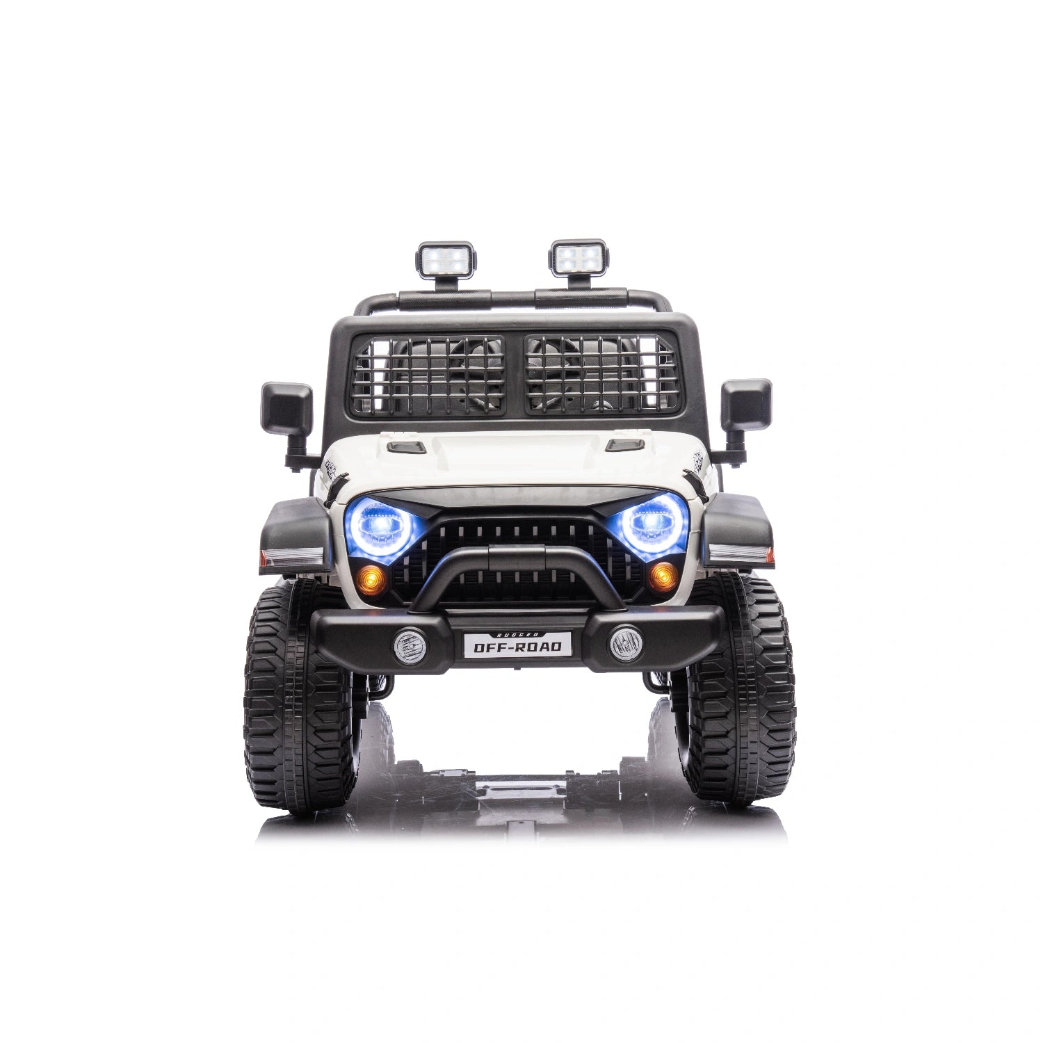 Front view of white 12V ride-on Jeep style kids electric car with LED headlights and off-road tires