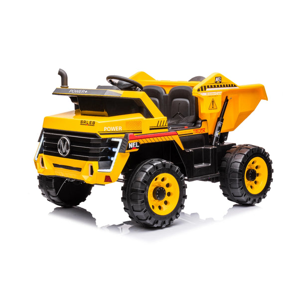 Yellow 24V dual-seat ride-on tipper truck for kids with rugged tires and realistic construction dump bed