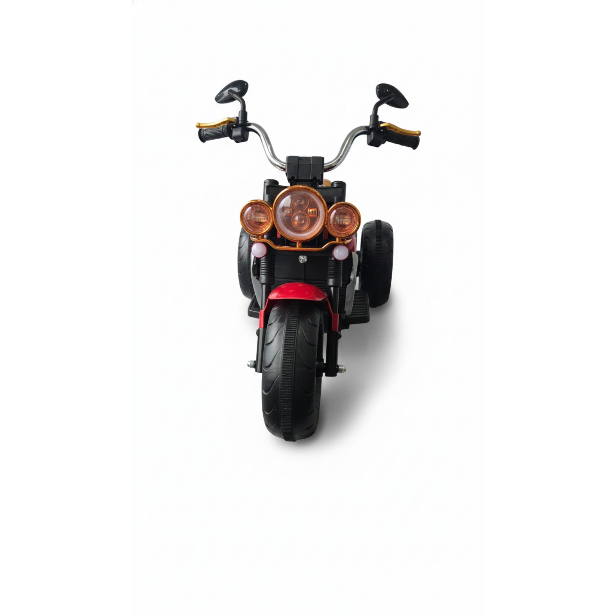 Front view of red 12V Harley-style kids electric 3-wheel motorbike with black tires and handlebars