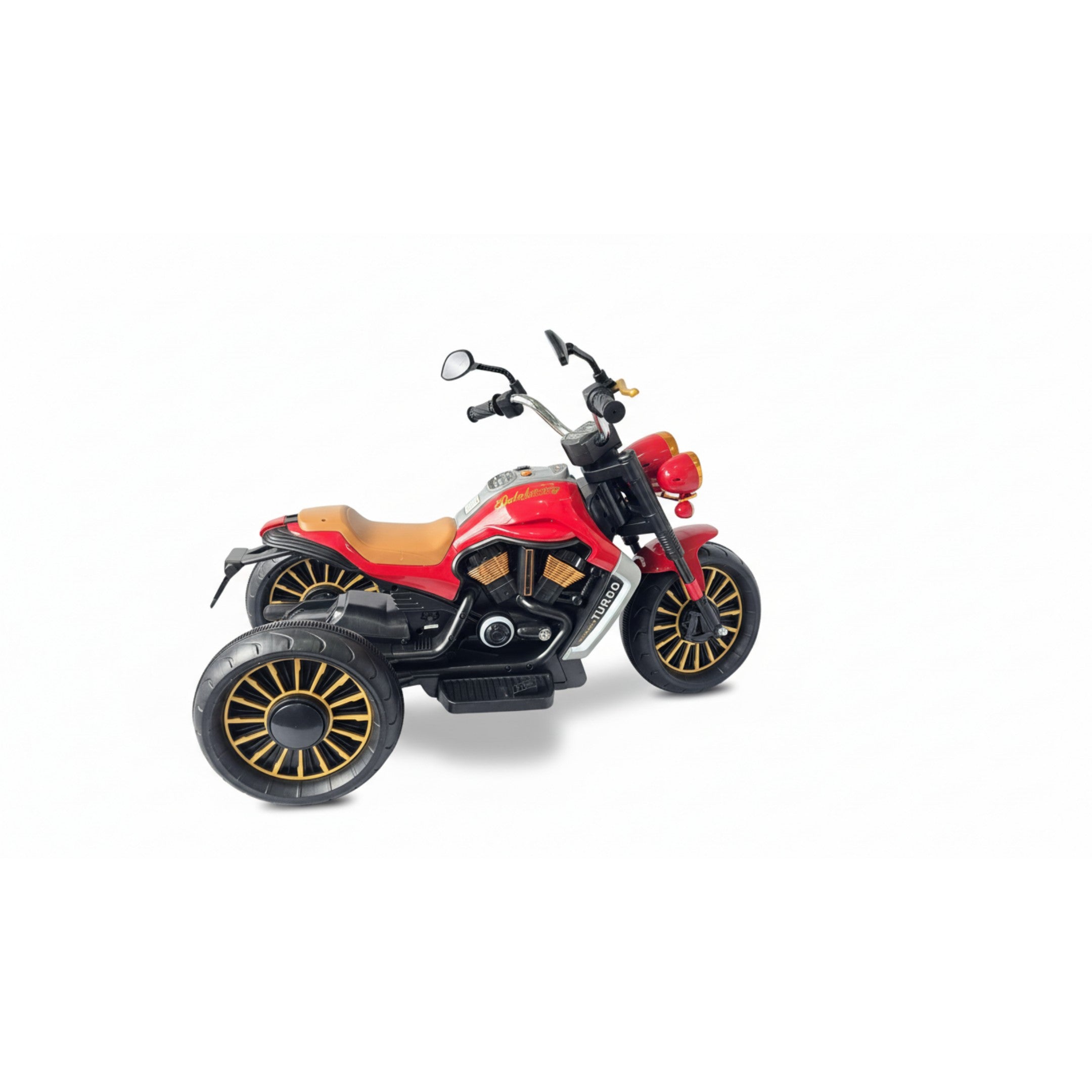 Red 12V Harley-style three-wheeled kids electric motorbike with tan seat and black and gold wheel accents