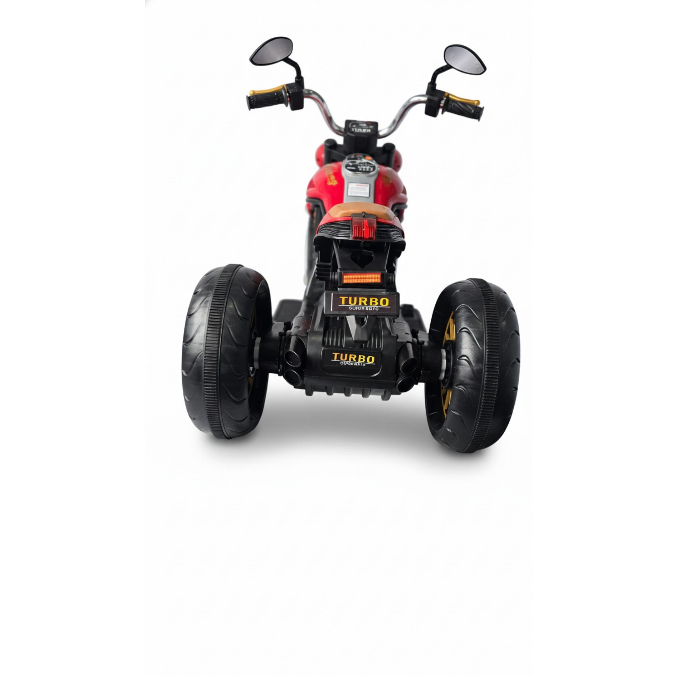 Rear view of red 12V Harley-style kids electric 3-wheel motorbike with black wide tires and handlebar mirrors
