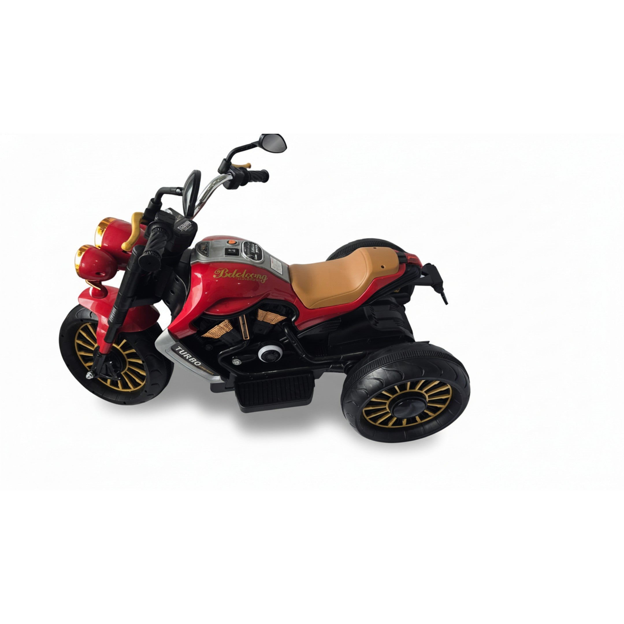 12V red Harley-style kids electric 3-wheel motorbike with tan seat and black and gold wheels for ride-on play