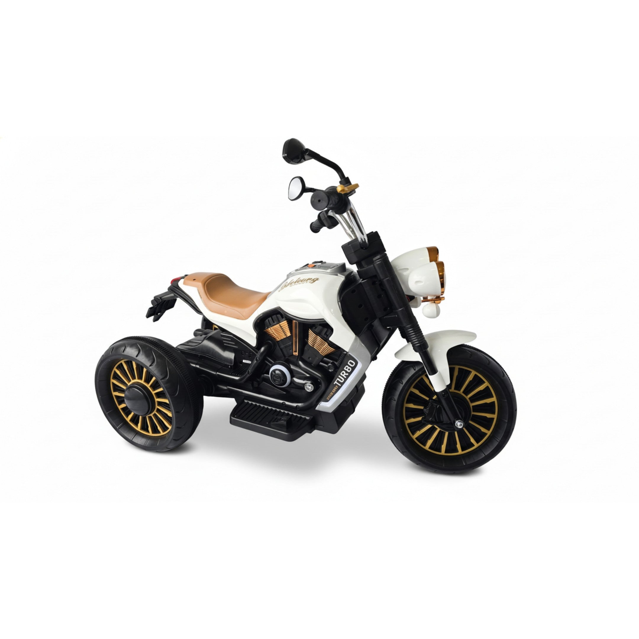 12V white Harley-style kids ride-on 3-wheel motorbike with brown seat, black and gold wheels, and turbo design detail