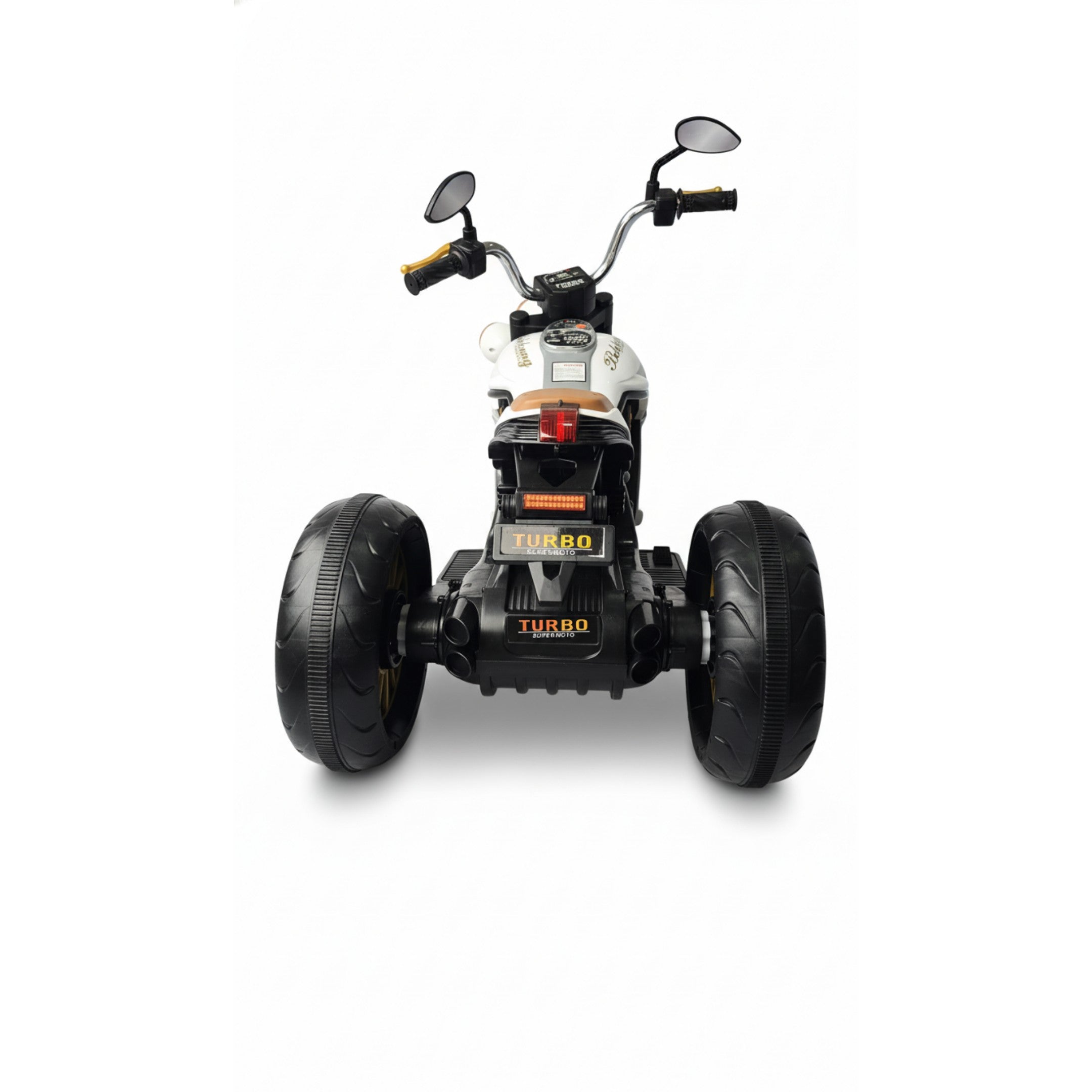 Rear view of white 12V Harley-style kids electric 3-wheel motorbike with wide black tires and rear lights