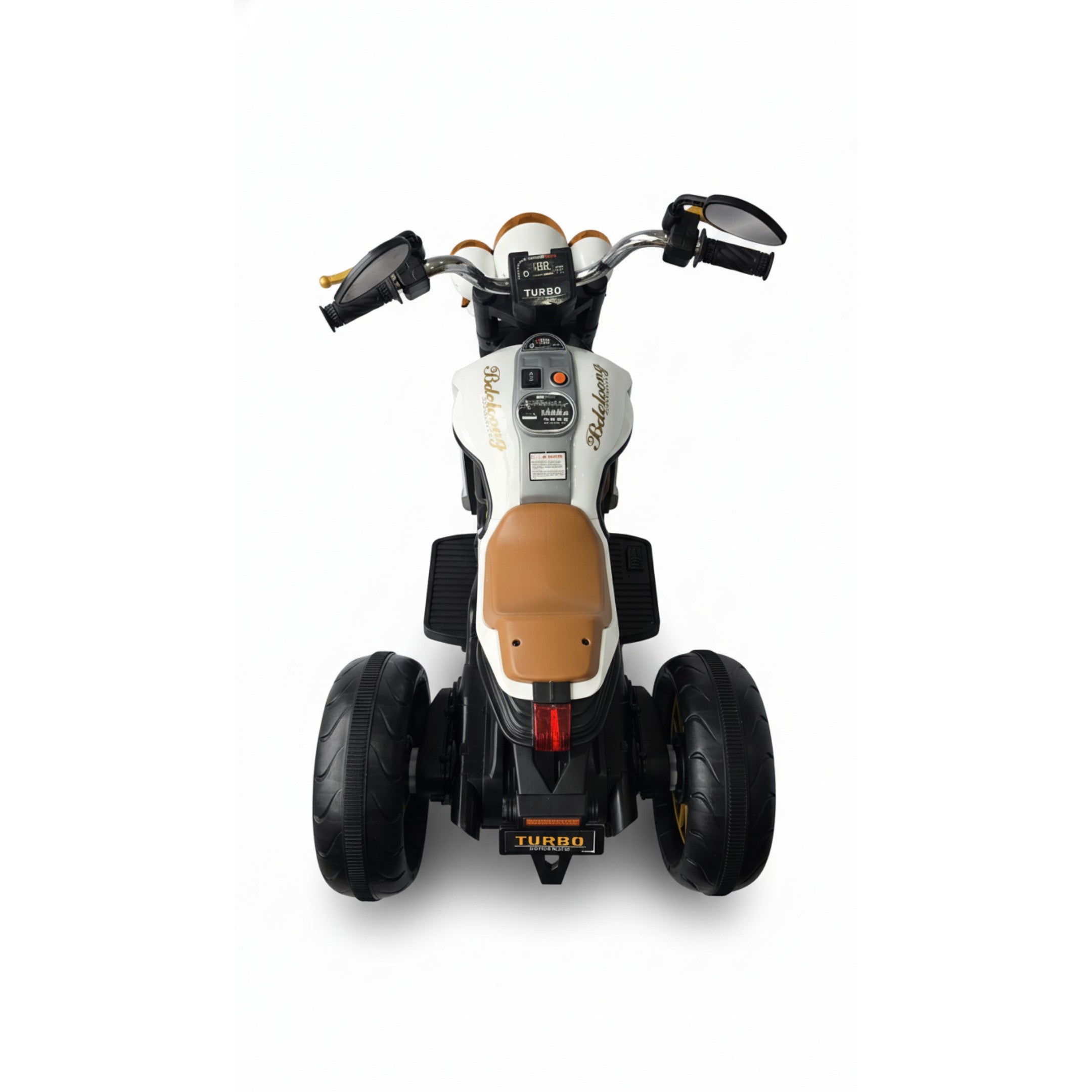 Rear view of white 12V Harley-style kids electric 3-wheel motorbike with brown seat and black tires