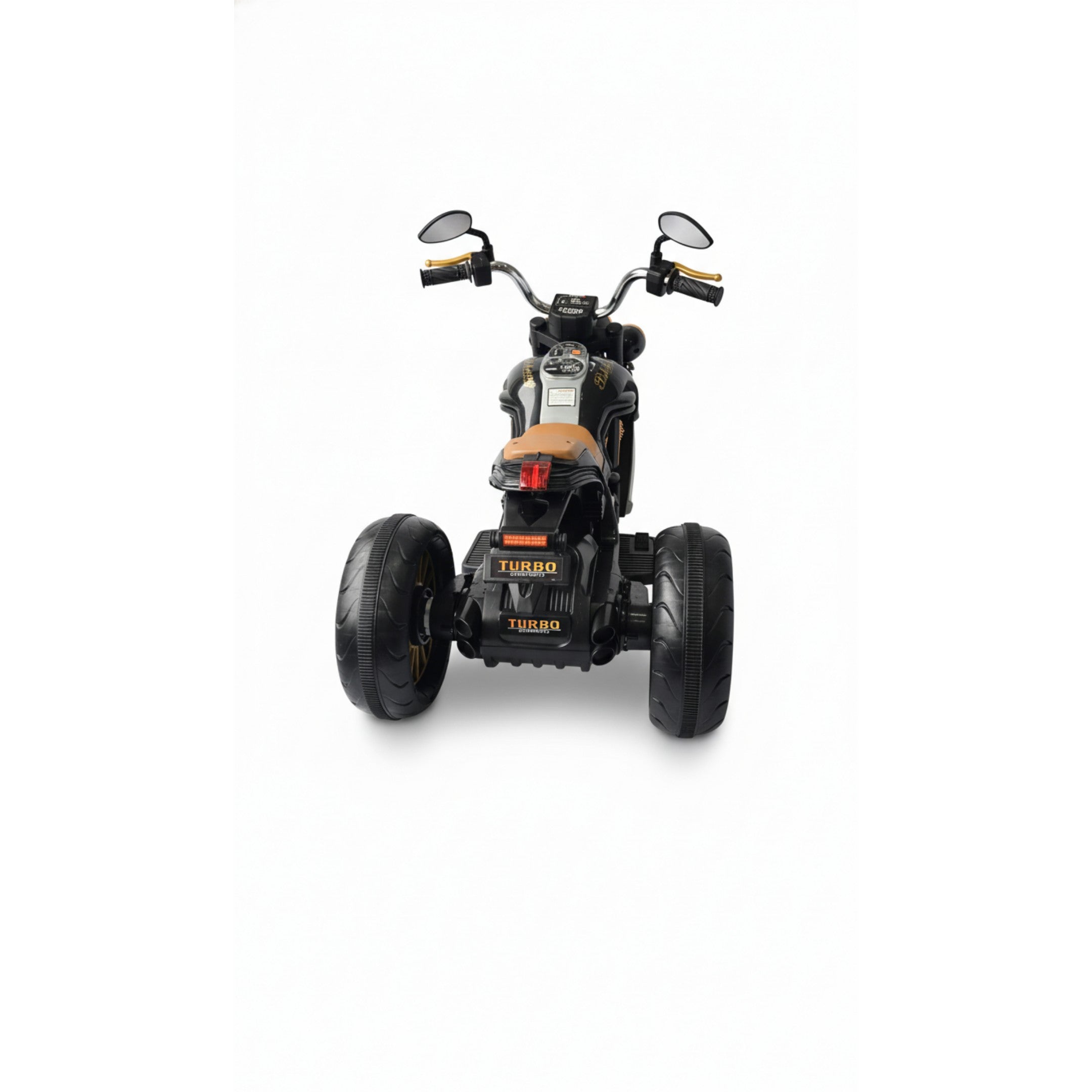 Rear view of black 12V Harley-style electric 3-wheeled ride-on motorbike for kids with brown seat and turbo decals