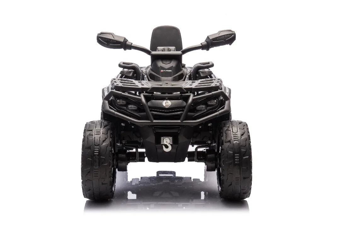 Front view of black 24V 800W licensed Can-Am Outlander 2-seater 4x4 ride-on ATV quad bike for kids